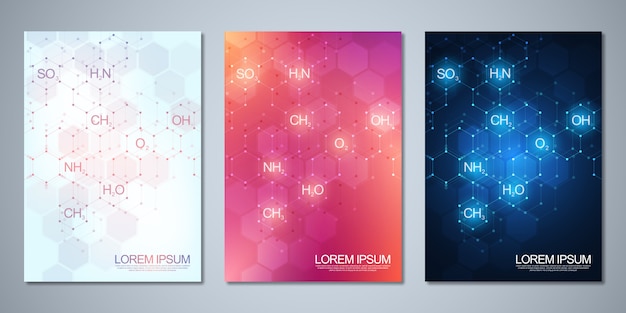 Vector template brochure or cover with abstract chemistry background of chemical formulas and molecular structures. science and innovation technology concept.