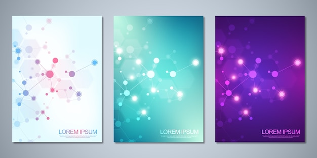  template brochures or cover , book, flyer, with molecules background and neural network. Abstract geometric background of connected lines and dots. Science and technology concept.