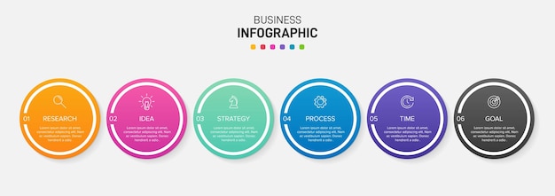 Modello per infografica aziendale. sei opzioni o passaggi con icone e testo.