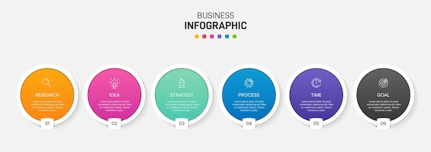 Modello per infografica aziendale. sei opzioni o passaggi con icone e testo.