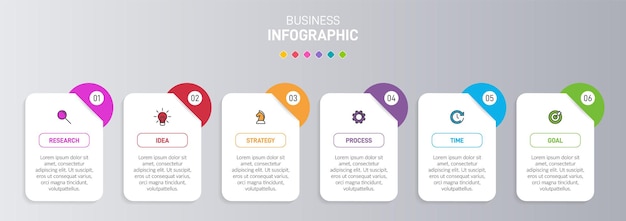 Modello per infografica aziendale. sei opzioni o passaggi con icone e testo.