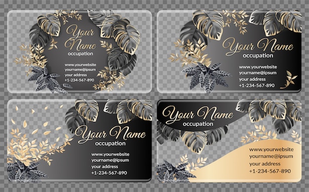Template cards with dark and gold tropical leaves