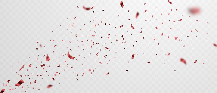 Vector template for celebration background with confetti and red ribbon.