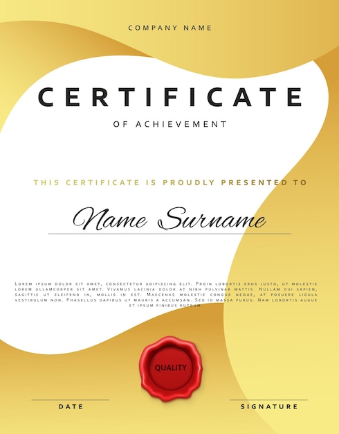 Template certificate design in gold color. Award certificate in flat style. Diploma frame awarding, with red sealing wax. Border background certificate. Premium certificate template