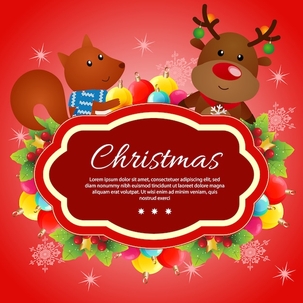 Template christmas with reindeer and squirrel ribbon ornate