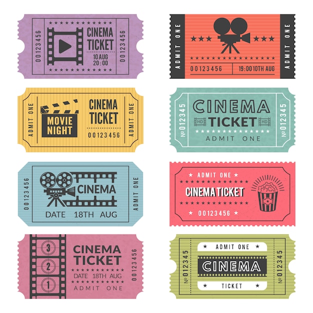 Vettore modello di biglietti del cinema. disegni vettoriali di vari biglietti del cinema con illustrazioni di videocamere e altri strumenti