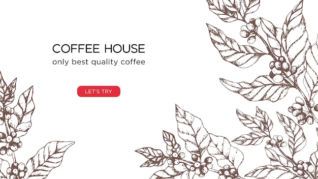 Template for coffee business hoffee house website screen concept with coffee tree and berries on white background illustration for landing page or banner flyer or blog post