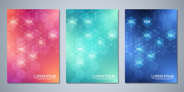 Vector template cover with abstract chemistry background of chemical formulas and molecular structures. science and innovation technology concept.