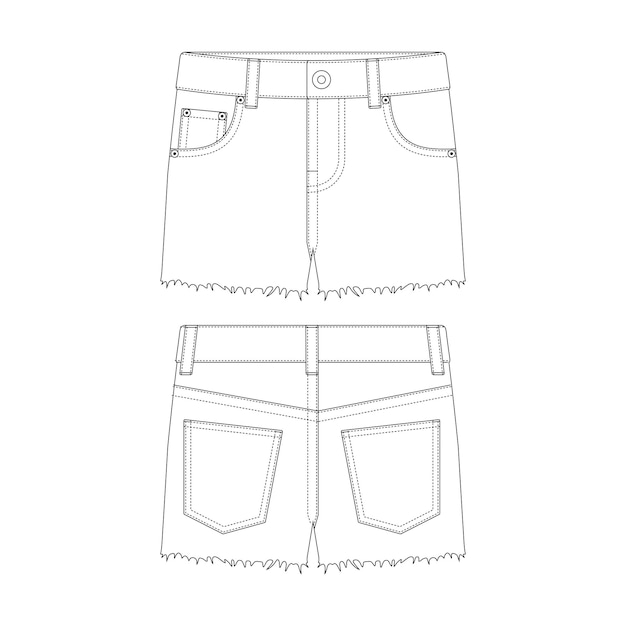 Vettore modello corto denim hot pants illustrazione vettoriale design piatto contorno abbigliamento