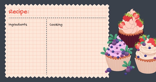 Vector template of cupcake recipe card culinary book blank pages cupcake whipped cream with strawberries