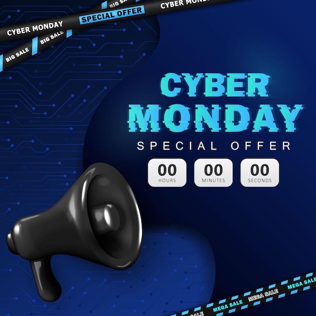Template of Cyber Monday square banner with sale countdown glitched neon text megaphone and balloons