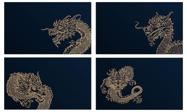 Template of dark blue banners with golden linear traditional Chinese dragons and place for text