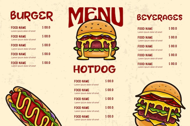 ハンバーガーとホットドッグのベクトルのファストフードメニューのテンプレート設計