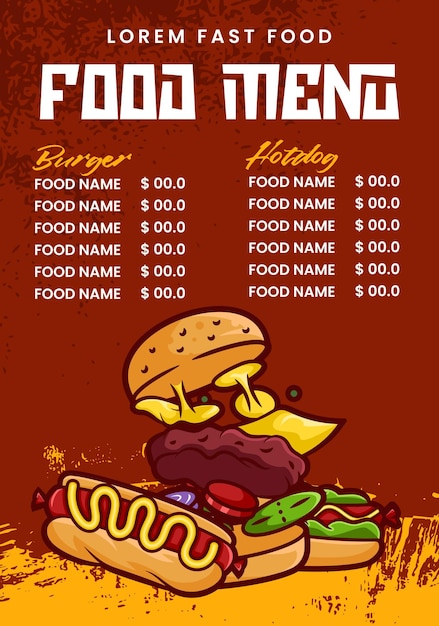 template design of Fast food menu with burger and hotdog vector