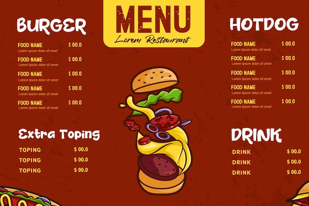 Modello di disegno di menu fast food con vettore di hamburger e hotdog