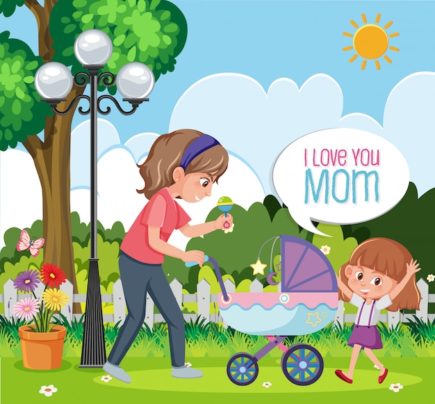 Template design for happy mother's day with mom and kids in the park