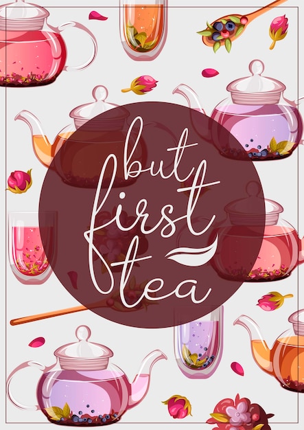 Vector template design poster with lettering and teapots, cups of tea.