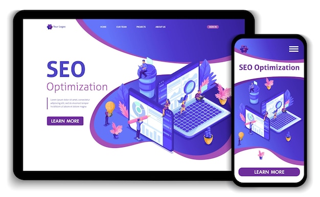 Template design seo analytics landing page. isometric search engine optimization analysis concept. it specialists working around web pages. easy to edit and customize.