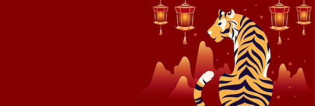 Template design with bengal tiger chinese lanterns and mountains silhouettes happy chinese new year