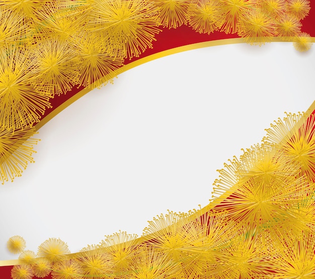 Vettore disegno modello con etichette rosse in bianco decorate con fiori di mimosa gialli