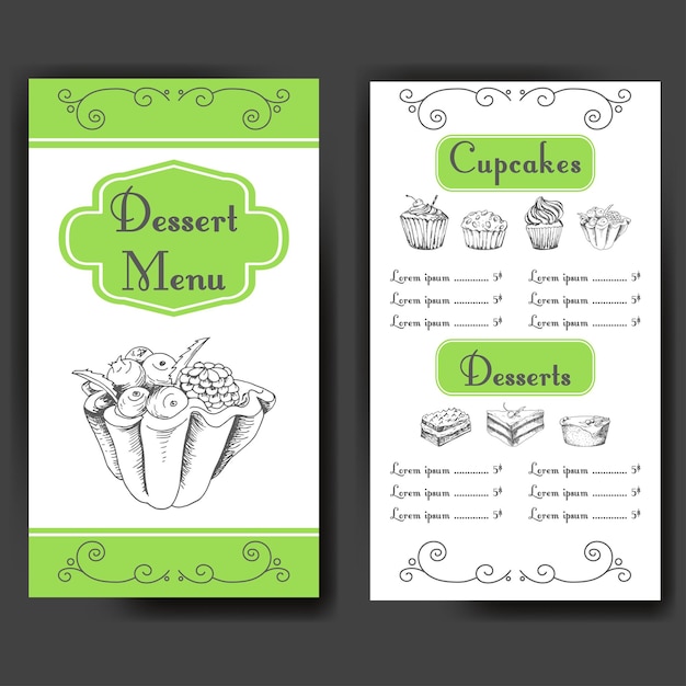 Modello per menu di dessert con torte dolci e gustose. design disegnato a mano per poster, menu del ristorante. sfondo di schizzo di panetteria