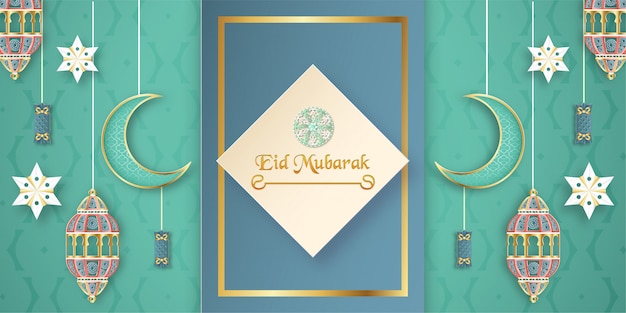 Modello per eid mubarak con tonalità di colore verde e oro. illustrazione di vettore 3d in carta tagliata e artigianato per biglietto di auguri islamico