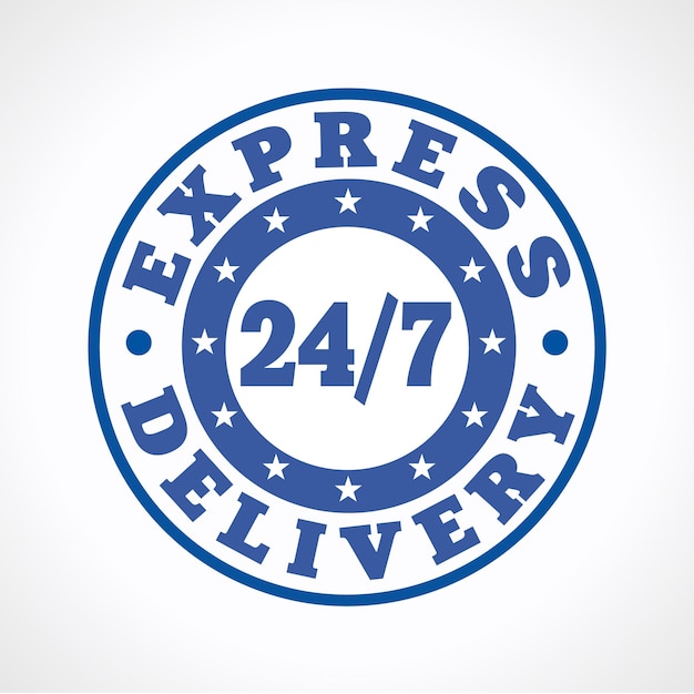 Template emblem 24 7 courier service Express delivering around the clock logo Round blue stamp