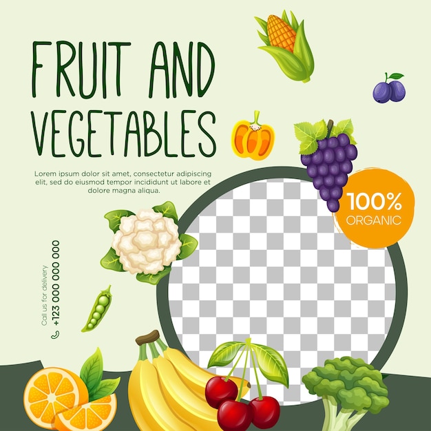 Template flyer gezonde vegetarische voedingsmiddelen en fruit