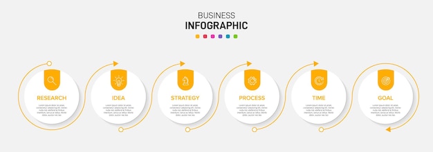 비즈니스 인포 그래픽을위한 템플릿. 아이콘과 텍스트가있는 6 가지 옵션 또는 단계.