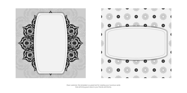 검은색 만다라 장식이 있는 흰색의 인쇄 디자인 엽서 템플릿입니다. 텍스트와 패턴을 위한 장소로 초대장을 준비합니다.