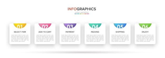 ショッピングインフォグラフィックのテンプレートアイコンとテキストの6つのオプションまたはステップ