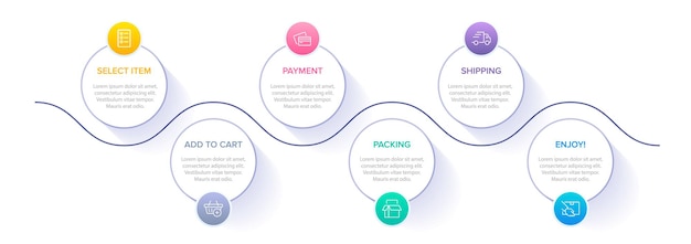 인포 그래픽 쇼핑을위한 템플릿 아이콘과 텍스트가있는 6 가지 옵션 또는 단계
