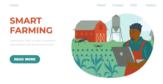 ベクトル ドローンを制御する農民のベクトルフラットイラストとスマート農業ウェブサイトのテンプレート