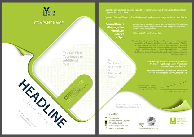 Template of a green flyer with a geometrical diamond composition