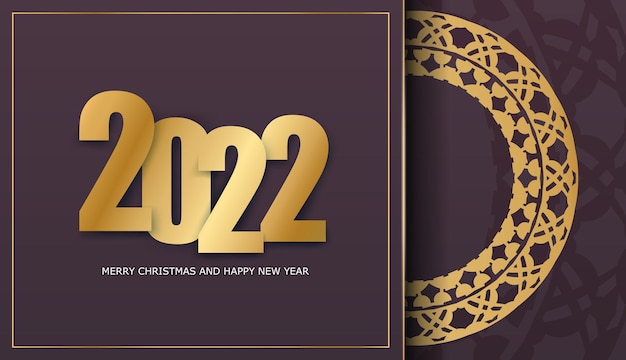 Brochure di auguri modello 2022 felice anno nuovo colore bordeaux con ornamento d'oro invernale