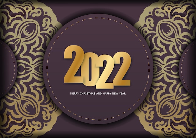 Template Greeting Brochure 2022 Merry Christmas and Happy New Year burgundy color with abstract gold ornament