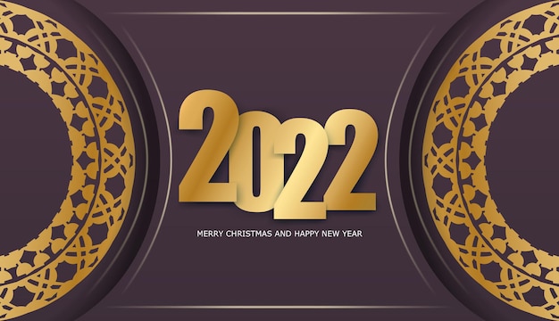 Template Greeting Brochure 2022 Merry Christmas and Happy New Year burgundy color with winter gold ornament