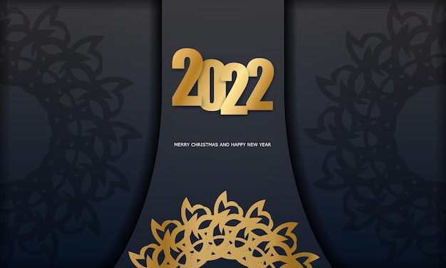 Template Greeting card 2022 Happy New Year black color with winter gold pattern