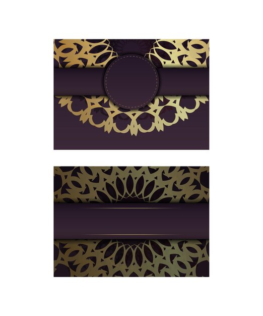 Template Greeting card burgundy color with mandala gold pattern for your brand.