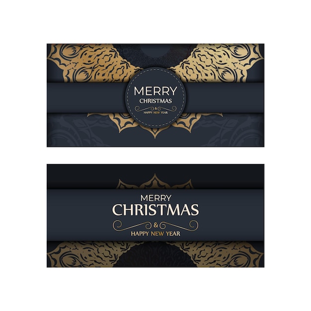 Шаблон поздравительной открытки с Рождеством темно-синий с зимним золотым орнаментом