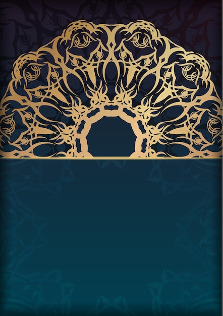 디자인을 위한 금색 장식 만다라가 있는 파란색 그라데이션이 있는 템플릿 인사말 카드.