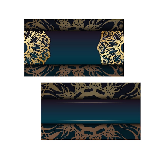 タイポグラフィ用に用意されたゴールドの曼荼羅模様のグラデーションブルーのテンプレートグリーティングカード。