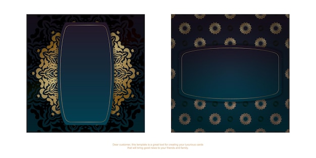 Template greeting card with a gradient of blue color with a gold ornament mandala for your brand.