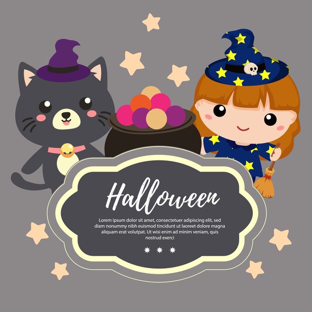 愛らしい猫と魔女を持つテンプレートのハロウィーン