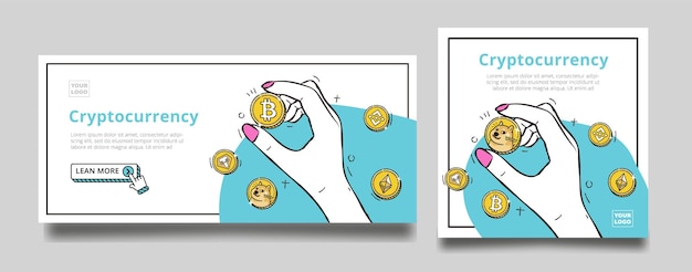 Template of horizontal banner and post with hand holding crypto currency coin free vector