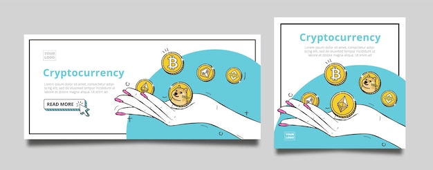 Template of horizontal banners and post with hand holding crypto currency coin free vector