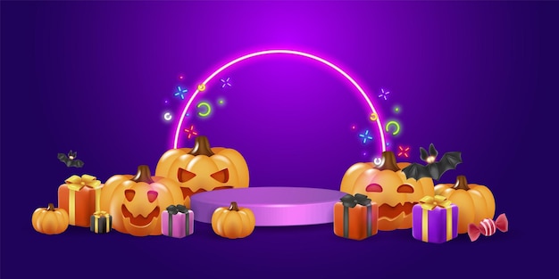 Template for a horizontal poster and banner for halloween with 3d pumpkins neon glow gifts sweets on an orange background with a podium creepy halloween website background or purple banner template