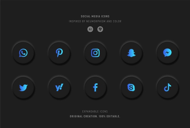 Vector template of icons for social media neumorphic style black color with blue gradient