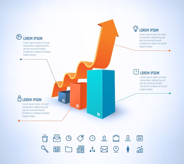인포 그래픽 및 프리젠 테이션을위한 현대적인 스타일의 템플릿 성장 화살표가있는 비즈니스 아이콘 및 차트