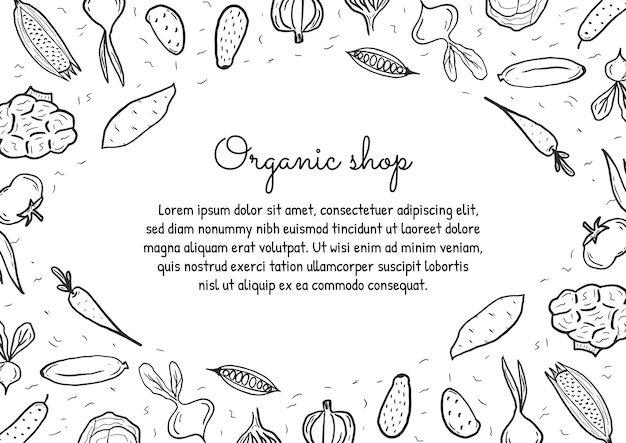 Template for label design with hand drawn linear vegetables Can be used for banner vegan products brochures menu farmers shop and organic food market